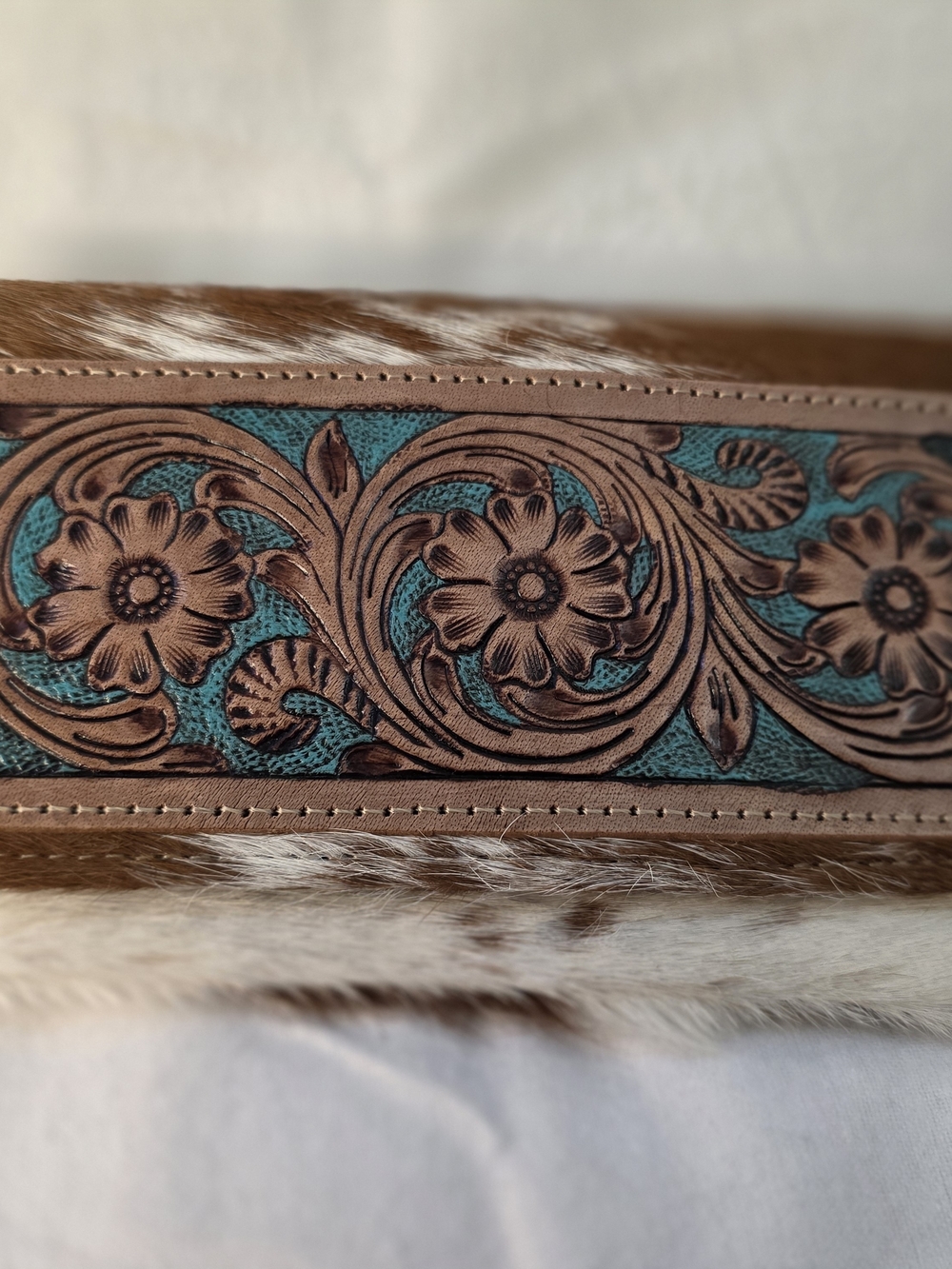 Hand-Tooled Leather Floral Accent Belt in Turquoise and Brown